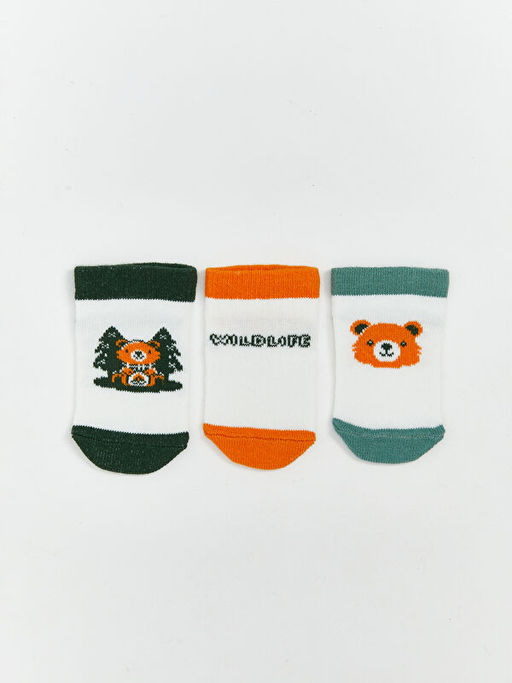 Bask?l? Erkek Bebek Patik ?orap 3l?