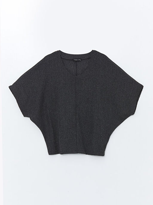 V Yaka D?z K?sa Kollu Oversize Kad?n Ti??rt