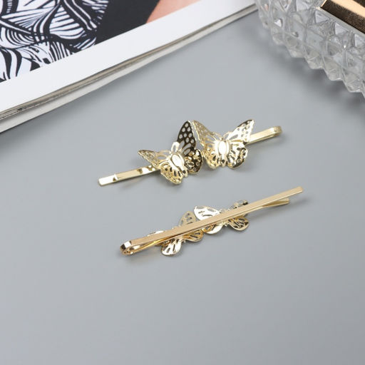 Невидимки для волос «Одри», набор 2 шт., бабочка резная, 5.5 см, золото