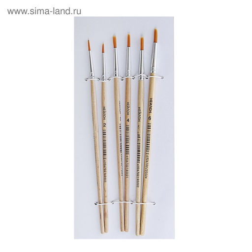 Набор кистей для рисования, нейлон, 6 штук: №1, 2, 3, 4, 5, 6, круглые, деревянная ручка, международный размер