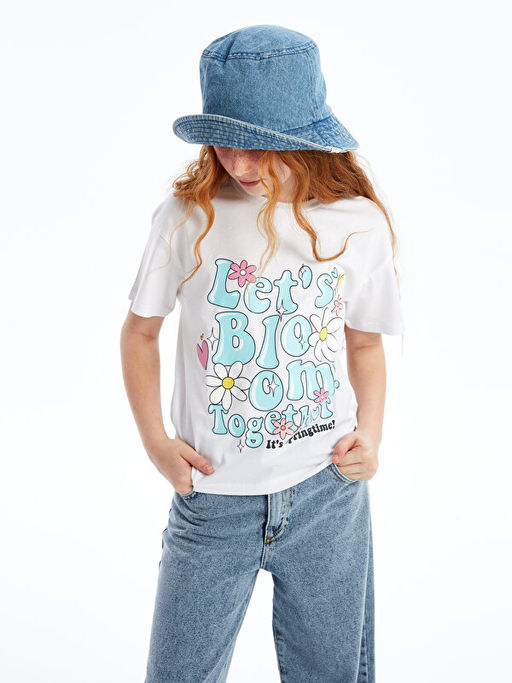 Bisiklet Yaka Bask?l? K?sa Kollu K?z ?ocuk Ti??rt - Waikiki фото 4