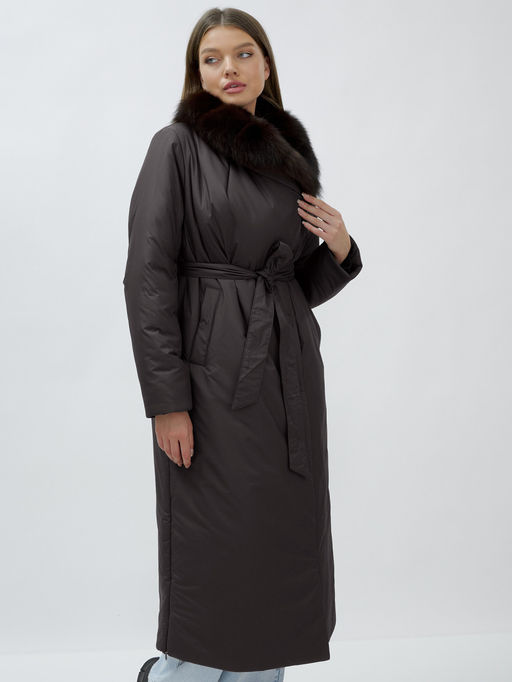 Пальто зимнее женское с мехом песец люкс класса темно-коричневого цвета 5071TK - Mtforce фото 14