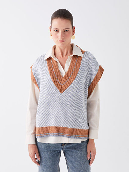 V Yaka Desenli Oversize Kad?n Triko S?veter