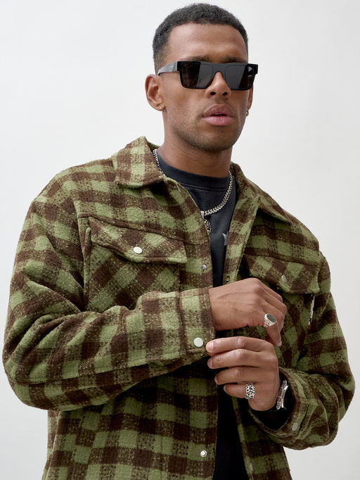 Куртка рубашка шерстяная в клетку мужская демисезонная зеленого цвета 58566Z