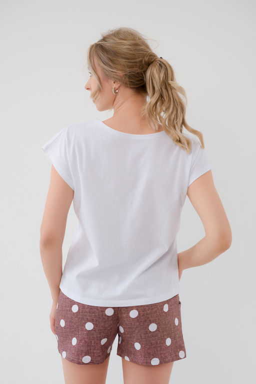 Пижама женская из футболки и шорт из кулирки Алиса горох бордо