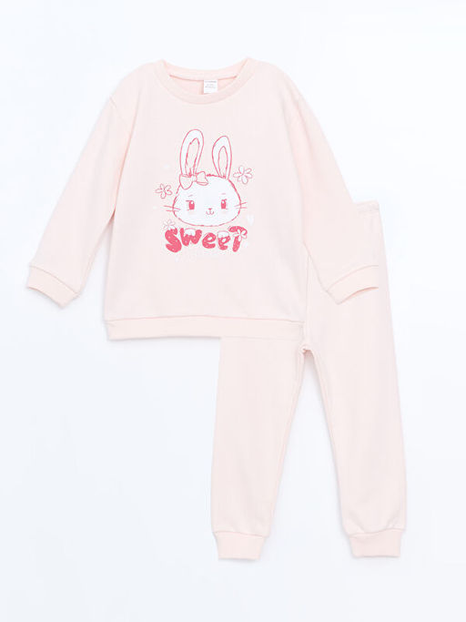 Bisiklet Yaka Uzun Kollu Bask?l? K?z Bebek Sweatshirt ve E?ofman 2li Tak?m