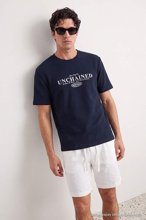Lacivert Regular/Normal Kesim Bask_l_ Dokulu T-Shirt TMNSS26TS00068 - Trendyolmilla фото 2