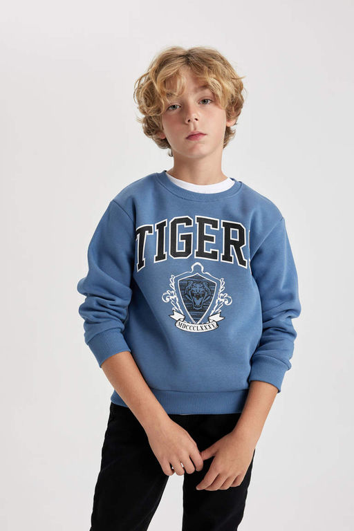 Толстый свитшот с круглым вырезом с принтом для мальчиков - Defacto фото 3