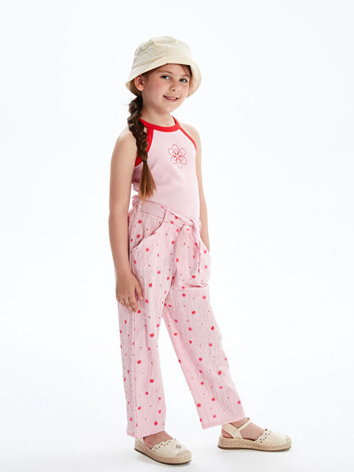 ?i?ekli Beli Ba?lamal? K?z ?ocuk Pantolon