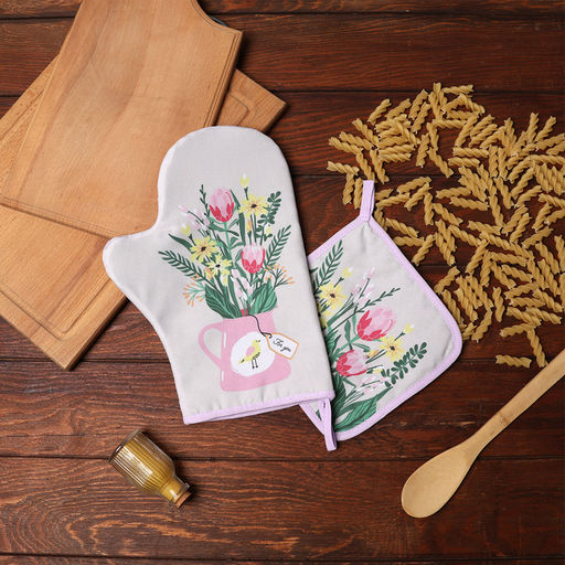 Набор кух. Доляна Букет: варежка 20х28 см, прихватка 17х17 см, 35% хл, 65% пэ  фото 7