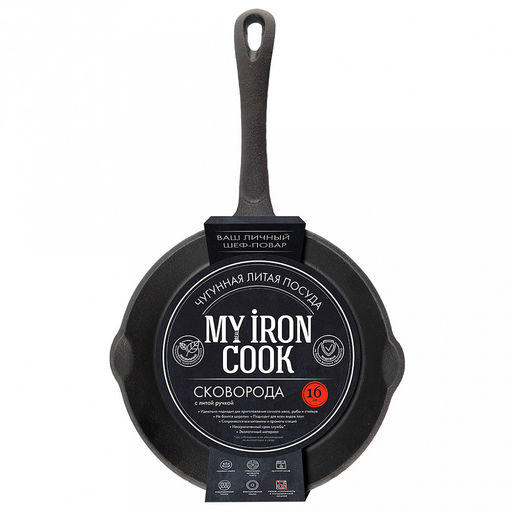 Сковорода чугунная д16см, h3,5см, длина 31,5см, литая ручка, "My Real Iron Cook" (Китай)
