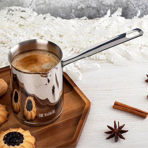 Турка из нержавеющей стали 0,65л "Изольда" д8,5см, h12см, s0,8мм, дно д7,9см, s4мм, полировка внешняя - зеркальная, внутренняя - матовая, ручка из нержавеющей стали на сварке, отверстие для подвешивания, "TalleR" (Китай) Подходит для всех видов плит,