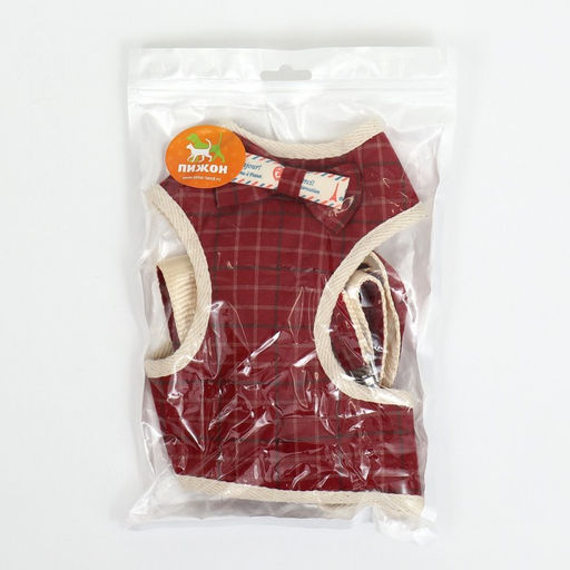 Комплект с мягкой шлейкой Клетки, размер S, поводок, 120 х 1,5 см, ОГ 28-62 см, красный - Пижон фото 10