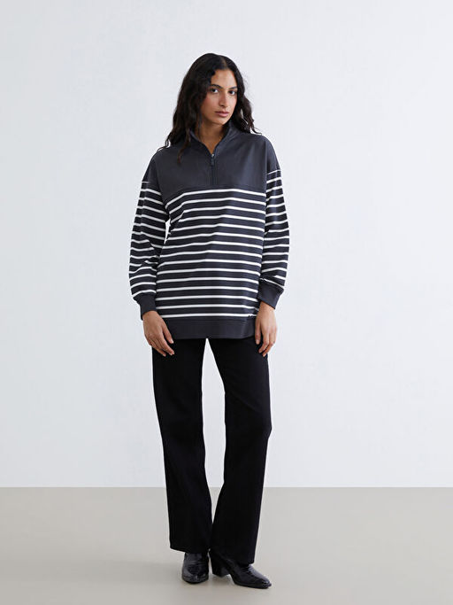 Dik Yaka ?izgili Kad?n Sweatshirt Tunik