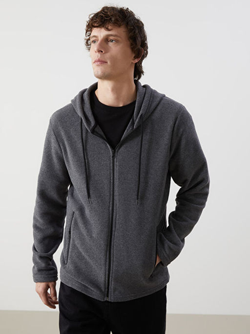 Kap??onlu Uzun Kollu Polar Erkek Fermuarl? Sweatshirt