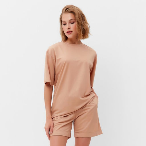 Костюм женский (футболка, шорты) MINAKU: Casual Collection, песочный, размер 42
