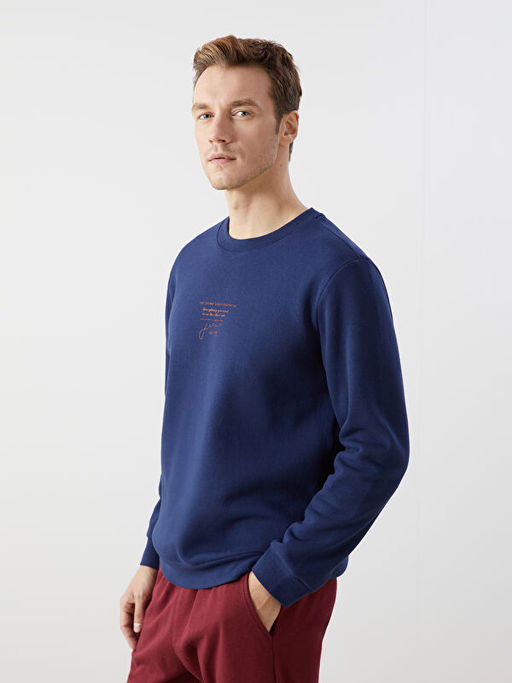 Bisiklet Yaka Bask?l? Erkek Kal?n Sweatshirt