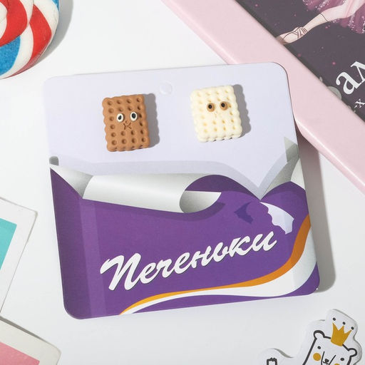 Серьги пластик Печенье с глазами, цвет бело-коричневый в серебре - Queen fair фото 2