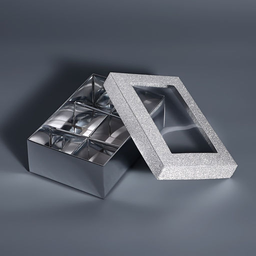 Цена за 5 шт. Коробка подарочная для 6 конфет серебро глиттер, с окном, 12×8.5×4 см