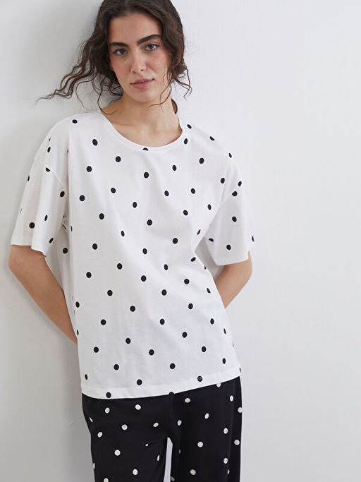 Bisiklet Yaka Puantiyeli Kad?n Pijama ?st?