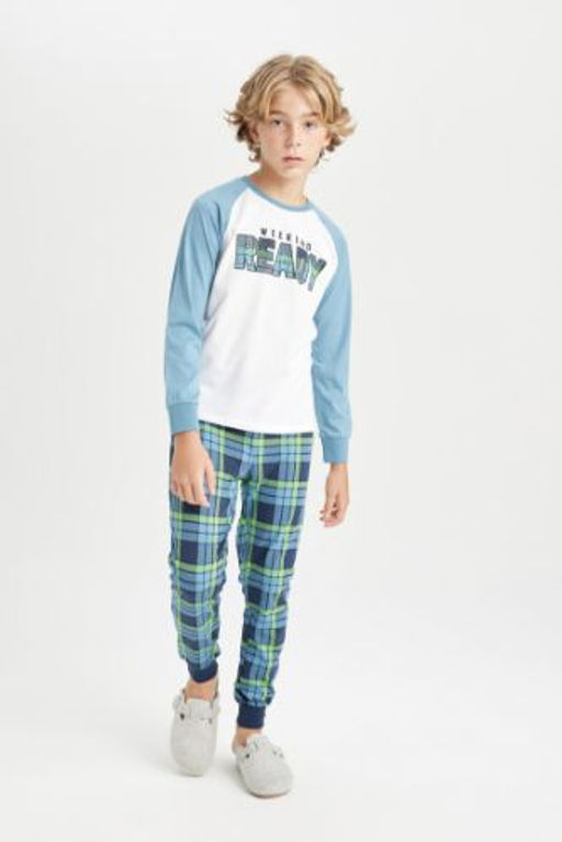 Erkek Cocuk Pijama Tak?m Bask?l? Uzun Kollu Ust Bli Lastikli Uzun Alt