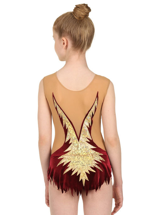 8842 Купальник для выступлений из бархата с юбочкой и аппликацией из голограммы