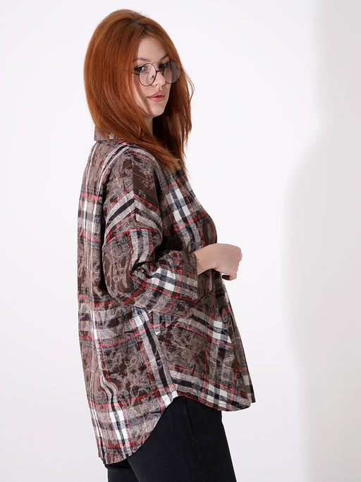 Коричневая рубашка в клетку женская больших размеров - Almond фото 2