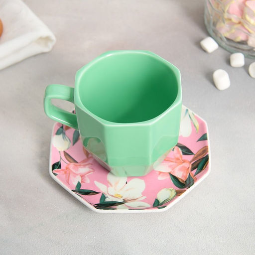 Чайная пара керамическая «Цветы»: кружка 200 мл, блюдце d=13 см