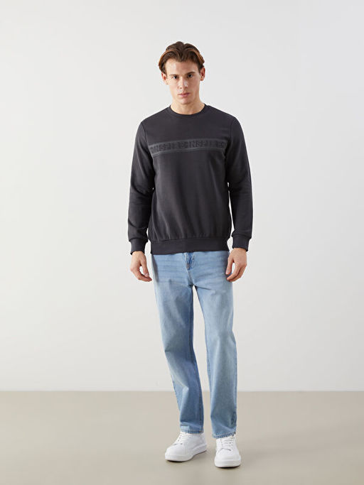 Bisiklet Yaka Bask?l? Erkek Kal?n Sweatshirt