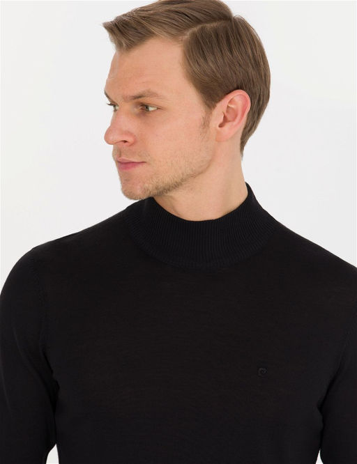 Siyah Slim Fit Yar_m Bal_k__ Yaka Y_n Kar___ml_ Basic Triko Kazak - Pierre cardin фото 3