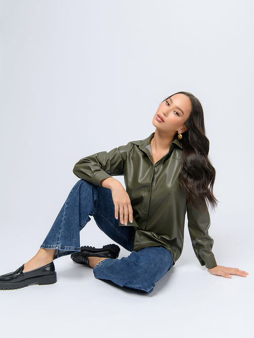 Рубашка цвета хаки из искусственной кожи с длинными рукавами - 1001dress фото 5