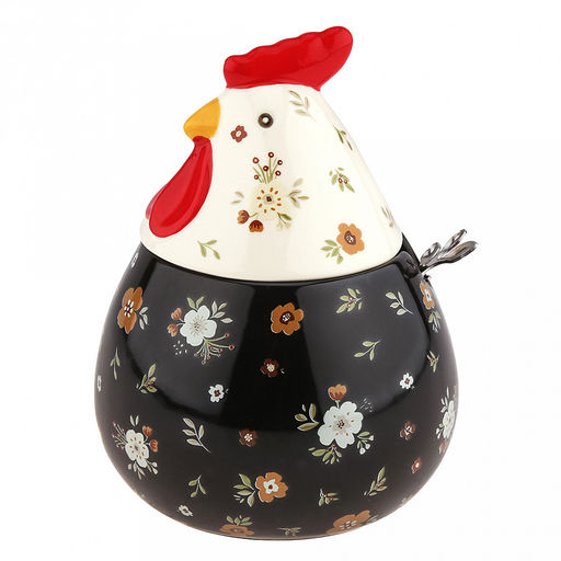 Банка для специй фарфоровая Петушок 460мл, д8-10,5см, h8,2см, с выемкой для ложки, общая h14,7см, металлическая ложка Веточка 12,3см, черный/бежевый с цветочками (Китай)