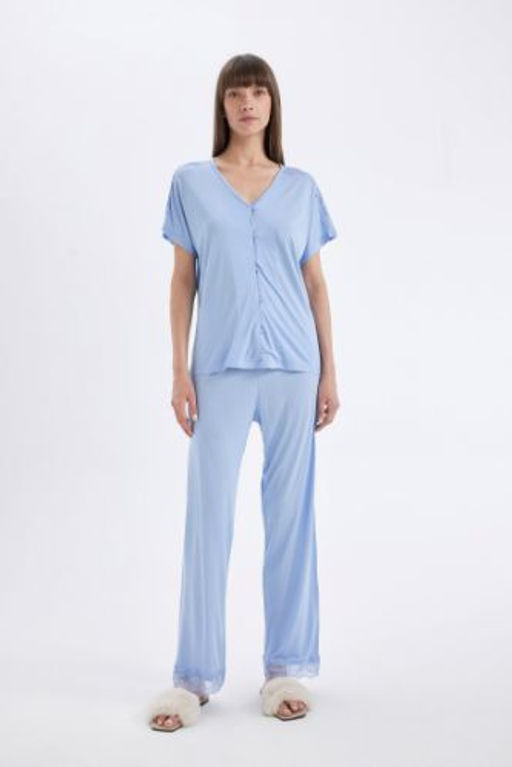 Fall in Love Pijama Tak?m V Yaka Dugmeli K?sa Kollu Ust Beli Lastikli Alt