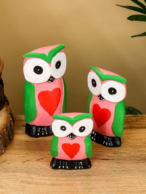 Набор сувенирный Совята с сердечком, h=15 см, h=13 см, h=10 см, дерево, розово-зелёный