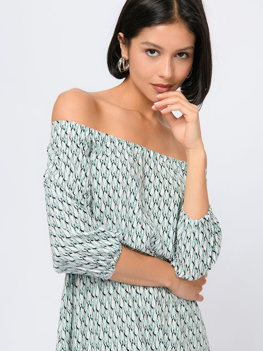 Платье мятного цвета с принтом и пышными рукавами - 1001dress фото 4