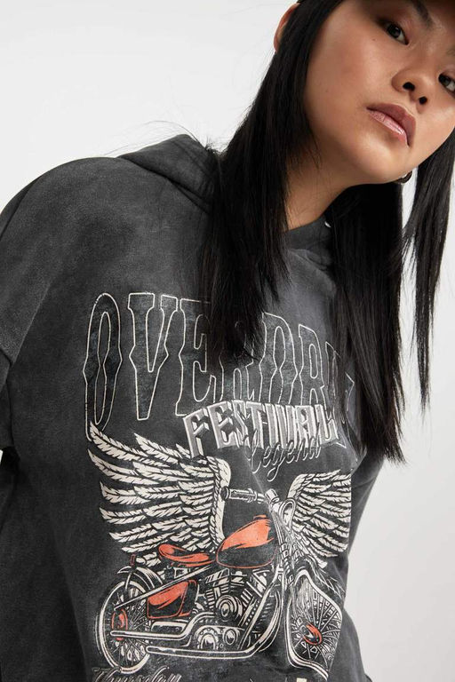 Толстый свитшот с капюшоном и принтом Cool Oversize с эффектом выцветания - Defacto фото 4