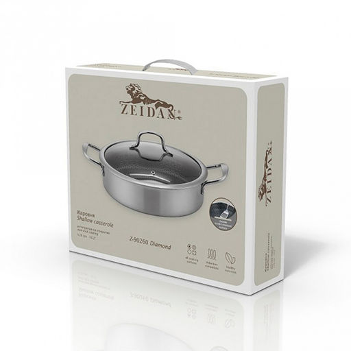 "Zeidan" Жаровня из нержавеющей стали, д26см, h7см, 3-х слойный корпус, индукционное дно, антипригарное покрытие с защитной сеткой, стеклянная крышка, металлические ручки, подарочная упаковка (Китай)