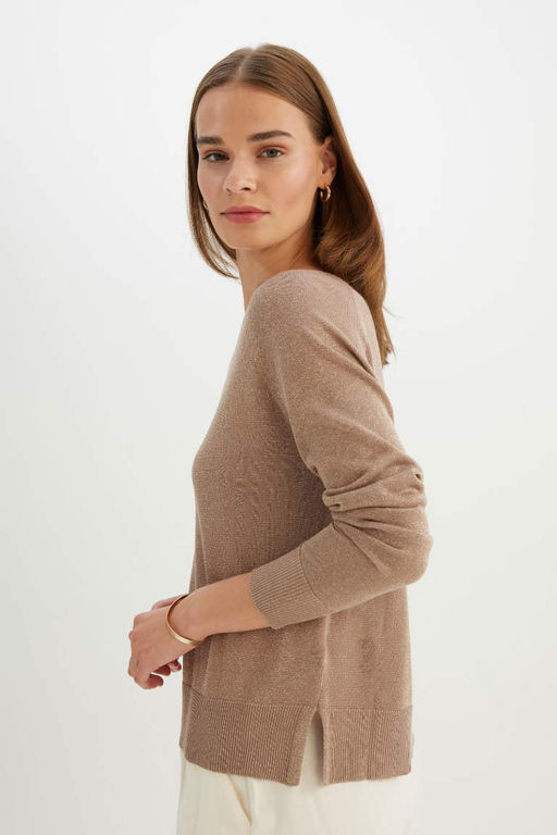 Женский однотонный вязаный свитер стандартного силуэта с круглым вырезом и рукавами реглан, серебристый - Defacto фото 5