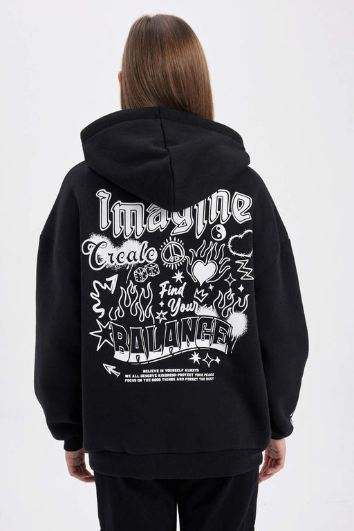 Толстая толстая толстовка с капюшоном и принтом на спине Cool Oversize - Defacto фото 8
