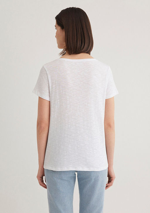 V Yaka Flaml? Beyaz Basic Tisort - Mavi фото 4