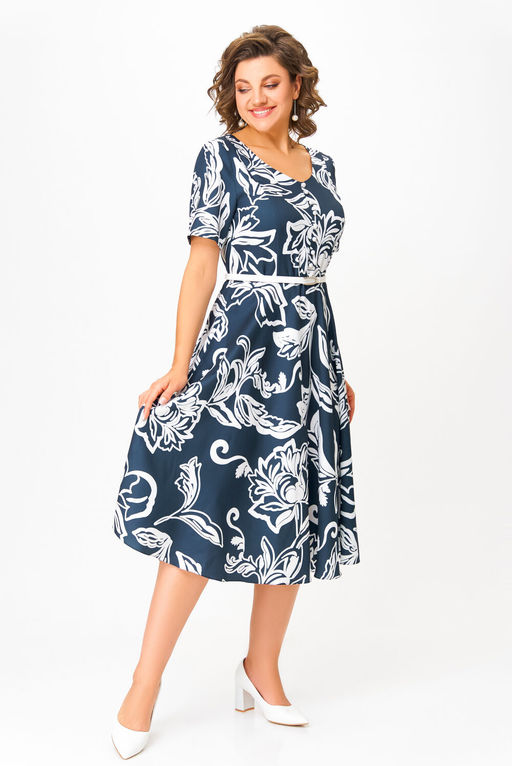 Платье Swallow 856 глубинно--синий в белый принт цветы  фото 8