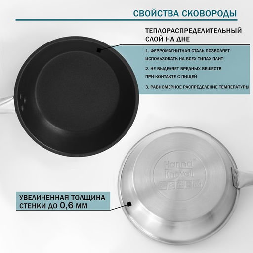 Сковорода Hanna Knövell, d=22 см, h=5.5 см, толщина стенки 0.6 мм, длина ручки 21.5 см, антипригарное покрытие, индукция, нержавеющая сталь