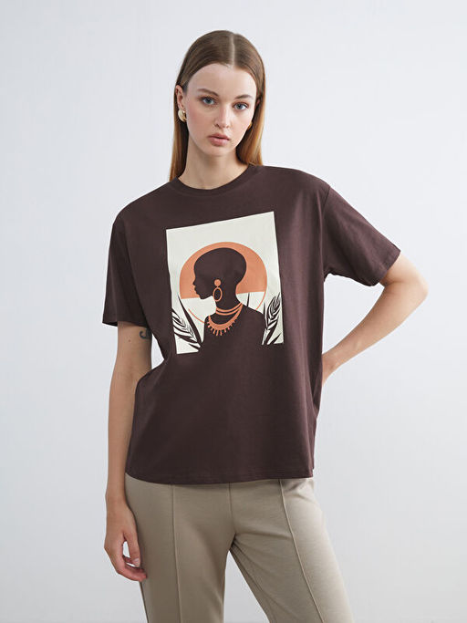 Bisiklet Yaka Bask?l? Oversize Kad?n Ti??rt