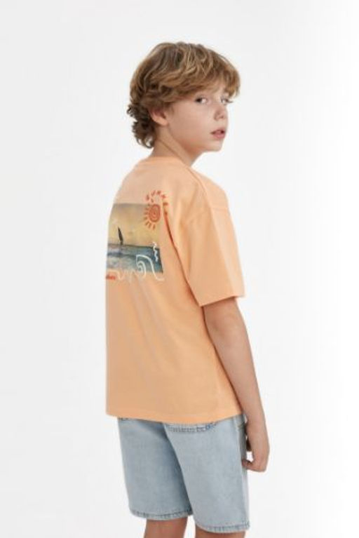 Erkek Cocuk Oversize Genis Kal?p Bisiklet Yaka S?rt Bask?l? K?sa Kollu Tisort