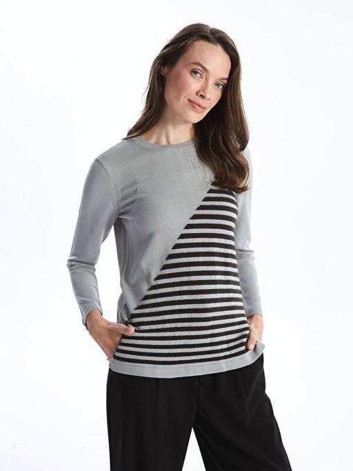 Bisiklet Yaka ?izgili Kad?n Triko Kazak