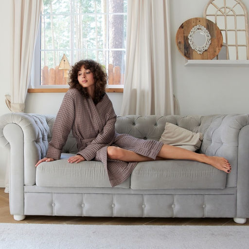 Халат вафельный женский удлинённый Этель «Boho» размер 42-44, цвет мокко, 100% хлопок, 290 г/м²