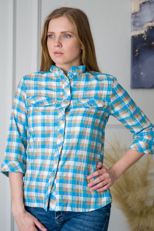 Туника женская со стойкой голубая клетка - Амадэль фото 9