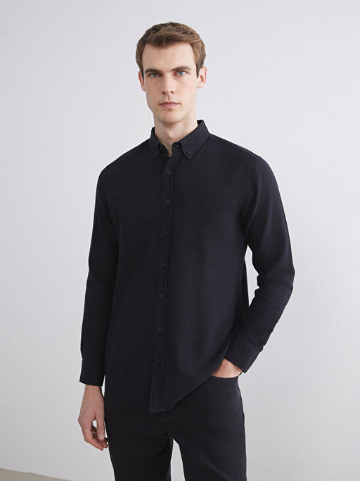 Regular Fit Uzun Kollu Keten Kar???ml? Erkek G?mlek