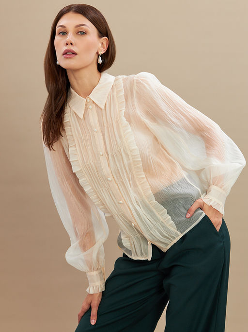 Блузка из органзы со сборкой OD-928-1 молочный - Tantino фото 9