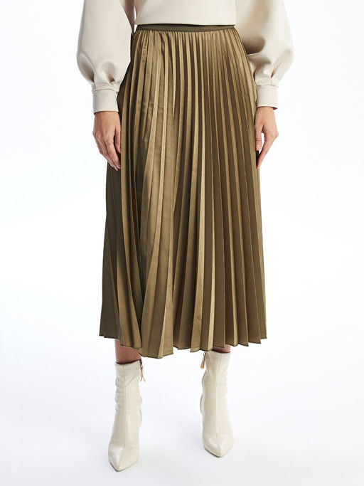 Beli Lastikli Saten Kad?n Pileli Etek